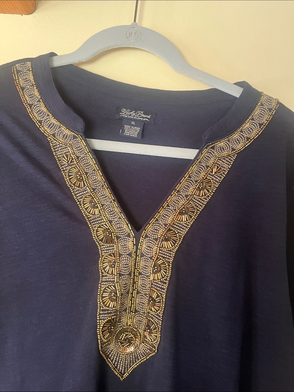 Lucky Brand Navy Tunic with Gold Beaded V-Neck